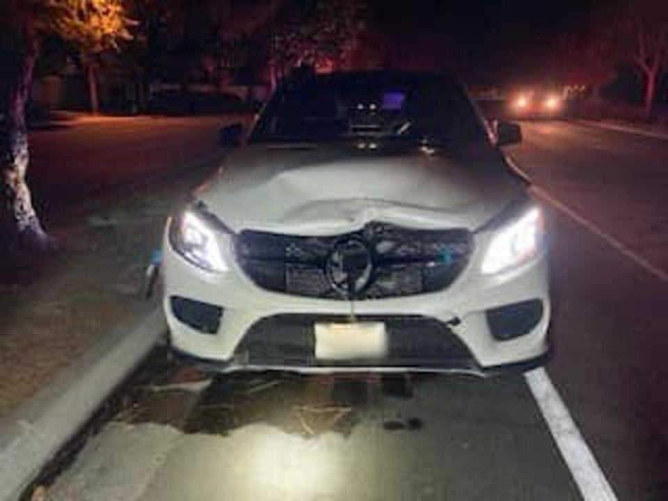 Rebecca Grossman’s white Mercedes-Benz is seen after the motorist allegedly struck and killed two young brothers, 11-year-old Mark Iskander and 8-year-old Jacob, while they were in the crosswalk at a Westlake Village intersection in September 2020. (Lost Hills Sheriff’s Office/Facebook)