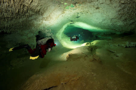 Scuba divers tour an authorized area of Sac Aktun underwater cave system as part of the Gran Acuifero Maya Project near Tulum, in Quintana Roo state, Mexico January 24, 2014. Herbert Mayrl/Courtesy Gran Acuifero Maya Project (GAM)/Handout via REUTERS