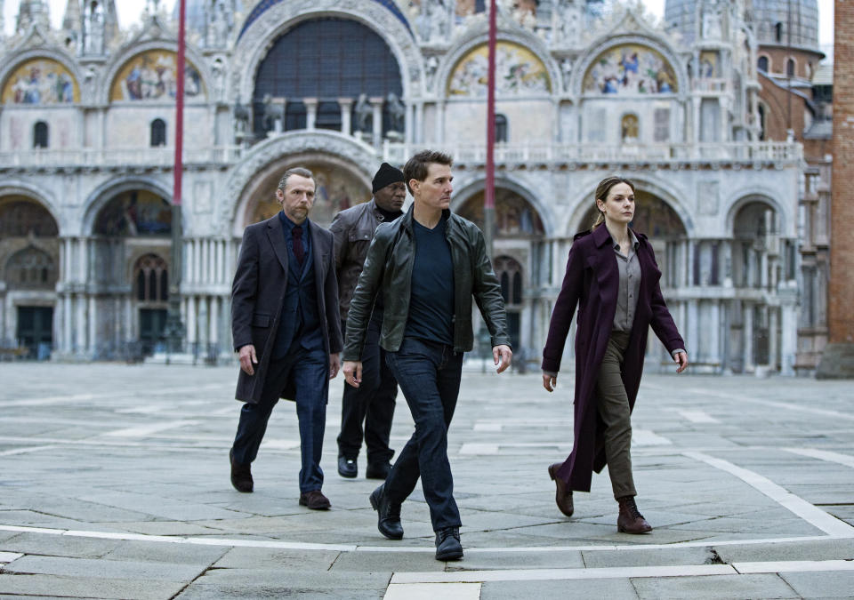 This image released by Paramount Pictures shows Simon Pegg, from left, Ving Rhames, Tom Cruise and Rebecca Ferguson in "Mission: Impossible Dead Reckoning - Part One." (Christian Black/Paramount Pictures and Skydance via AP)