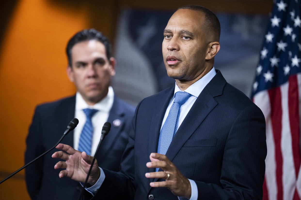 Democratic Caucus Chair Hakeem Jeffries, D-N.Y., conducts a news conference in the Capitol Visitor Center on Sept. 20, 2022. (Tom Williams / CQ-Roll Call, Inc via Getty Images file)