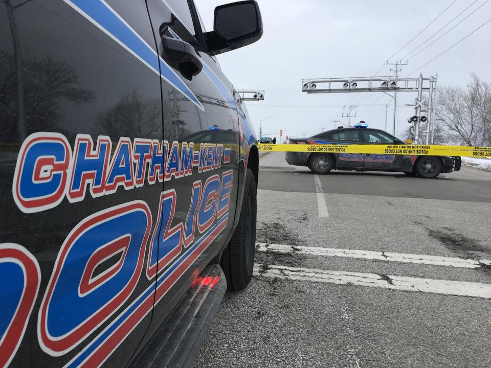 A Chatham-Kent police cruiser at the scene of a collision in a 2019 file photo. (Chris Ensing/CBC - image credit)