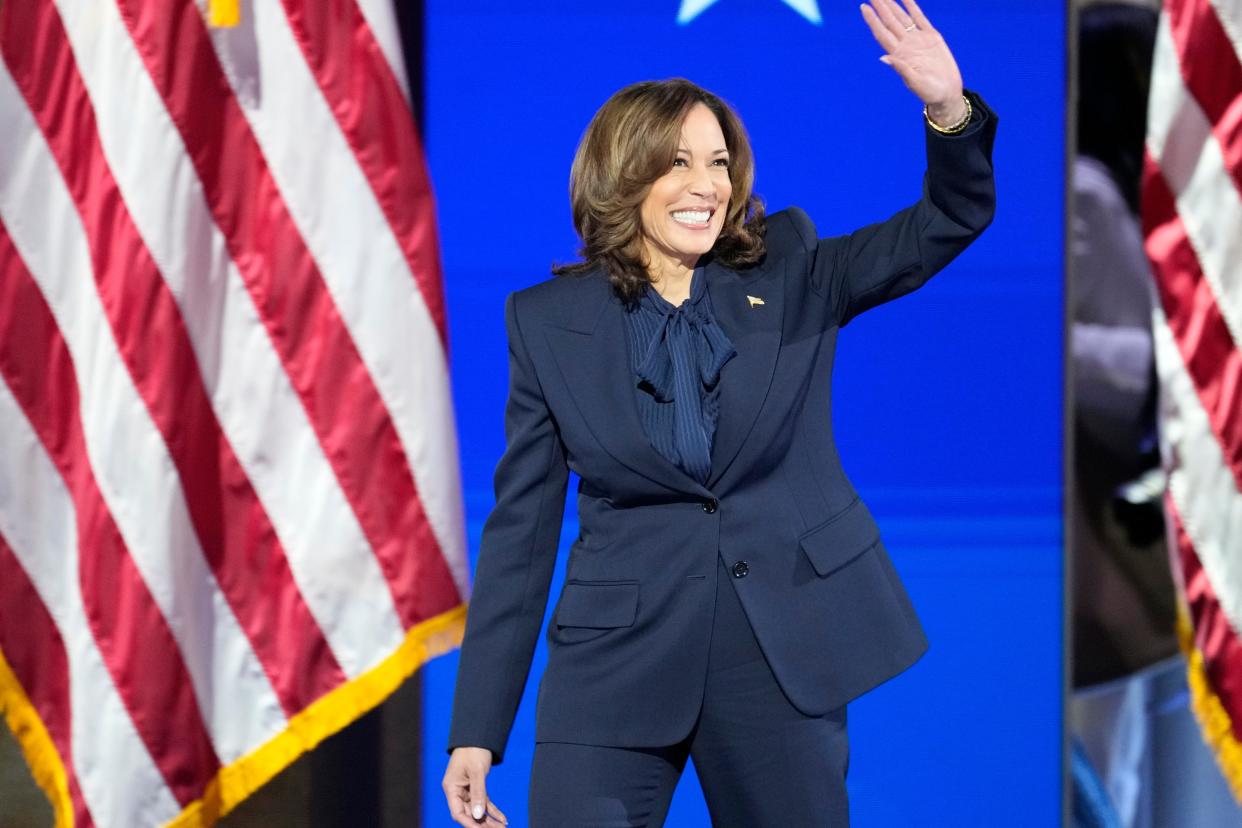 Democratic Presidential nominee Vice President Kamala Harris delivers her acceptance speech during the final day of the Democratic National Convention at the United Center.