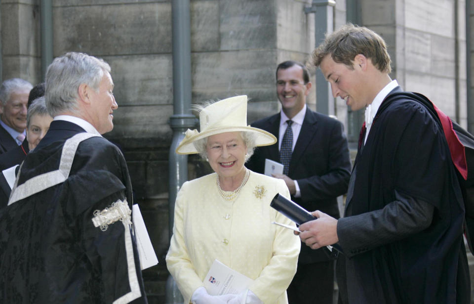 <p>The Queen travelled to St Andrews for her grandson's graduation. Pictured here with Principal Brian Lang William. (PA Images)</p> 