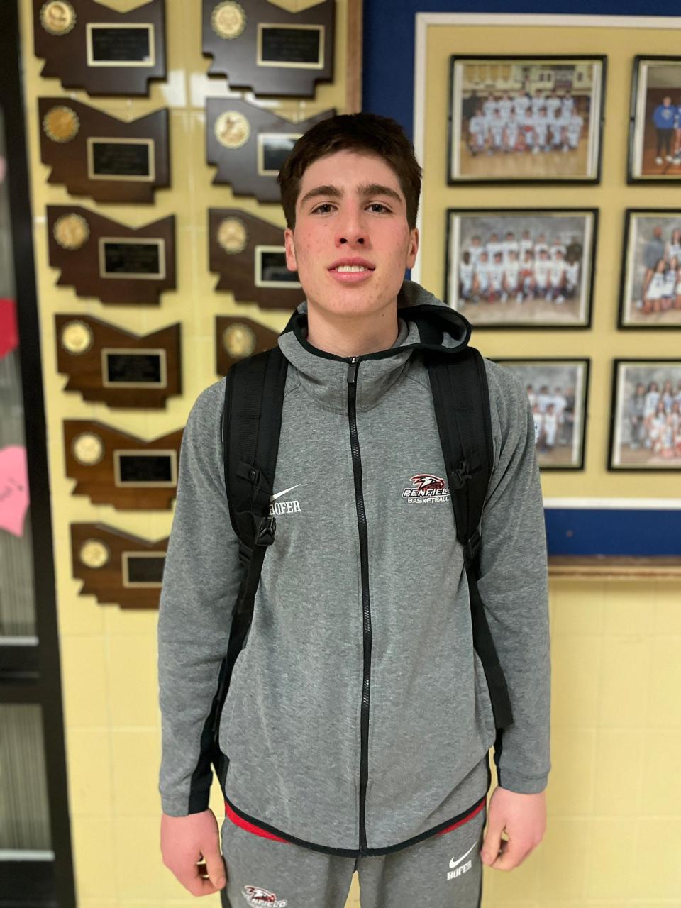 Penfield senior Trevor Hofer scored 25 points and made the game-winning basket as time expired during a 51-50 win at Webster Schroeder in the Section V Class AA quarterfinals Saturday, Feb. 24, 2024.