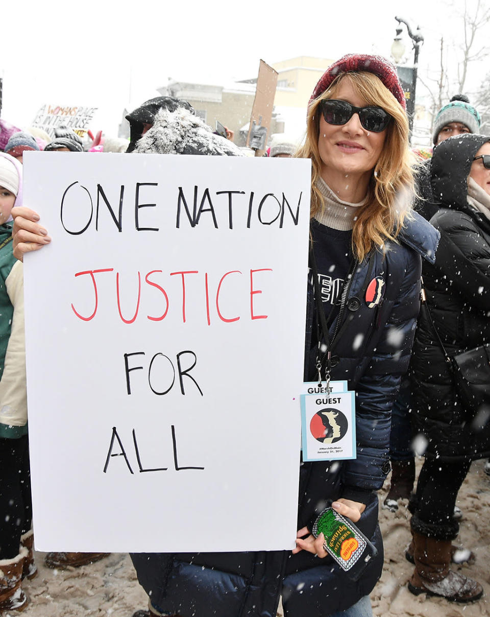<p>Laura Dern, who was also in Park City, carried a poster demanding “justice for all. (Photo by George Pimentel/Getty Images) </p>