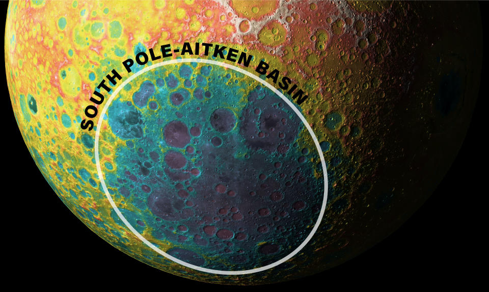A color-coded image of the moon that emphasizes how large the basin is.