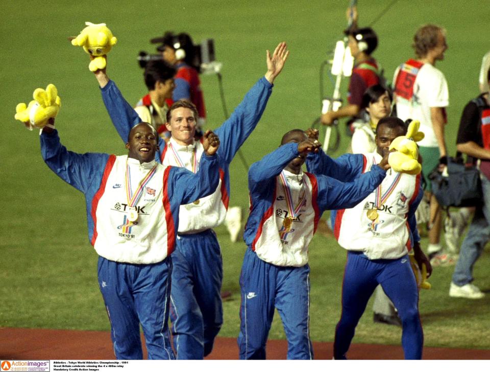 Athletics - Tokyo World Athletics Championship - 1991 
Great Britain's John Regis, Roger Black, Derek Redmond and Kriss Akabusi celebrate winning the 4 x 400m relay 
Mandatory Credit: Action Images