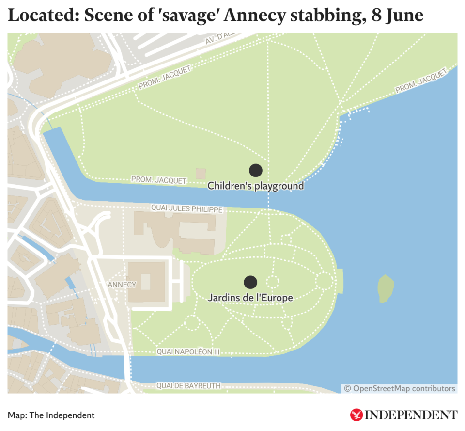 Mapped: The children’s playground in the Jardins de l’Europe, Annecy where the knife attack took place on Thursday morning (The Independent/Datawrapper)