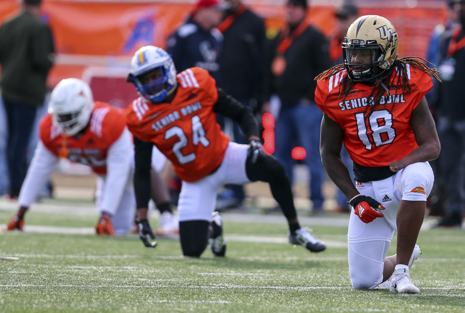 Shaquem Griffin of Central Florida warms up during the South’s team practice for the Senior Bowl. (AP)