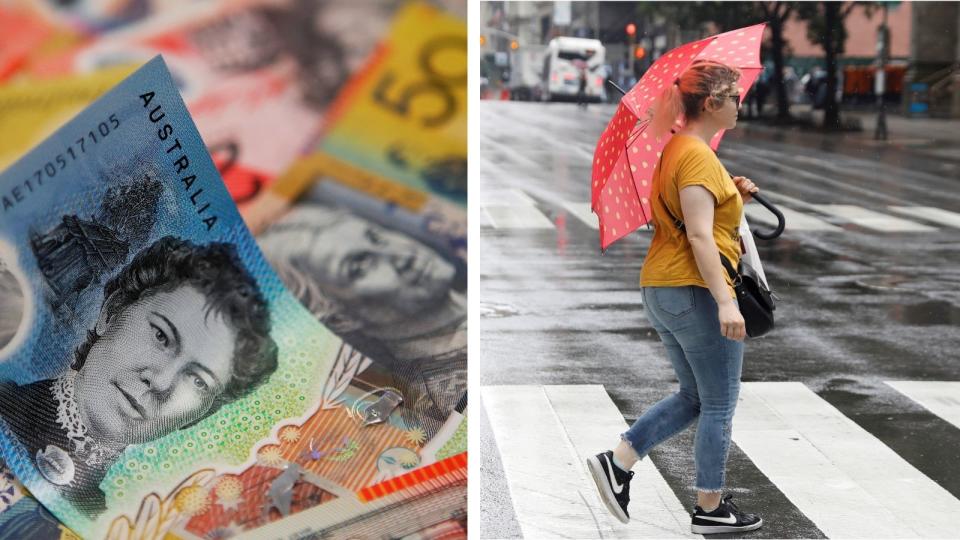 Money and woman with umbrella in rain