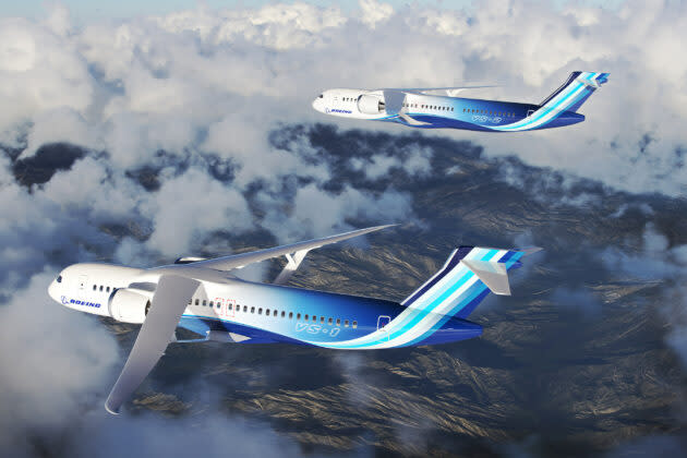 An artist’s conception shows Boeing’s Transonic Truss-Braced Wing design in flight. (Boeing Illustration)