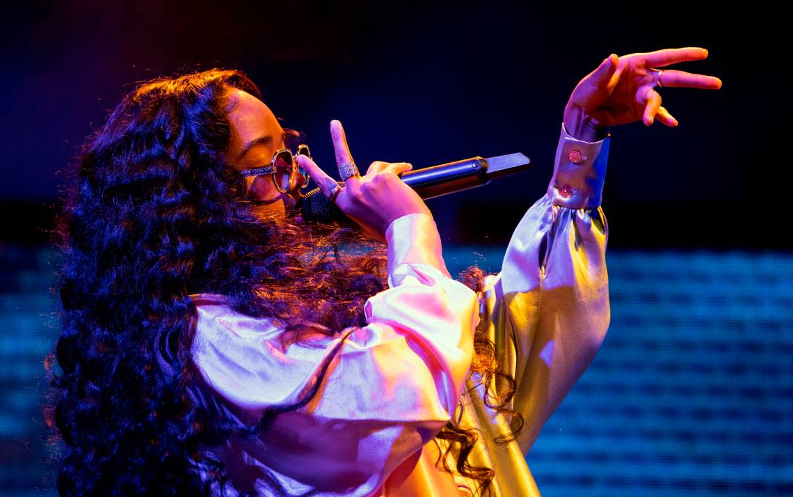 H.E.R. in concert at Raleigh, N.C.’s Red Hat Amphitheater, Friday night, June 24, 2021.