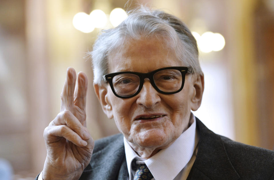 FILE - In this May 10, 2016, file photo, Vojtech Jasny, Czech film director and scriptwriter, poses for photographers in Prague, Czech Republic. Vojtech Jasny has died on Friday, Nov. 15, 2019, at the age of 93 years. (Katerina Sulova/CTK via AP)