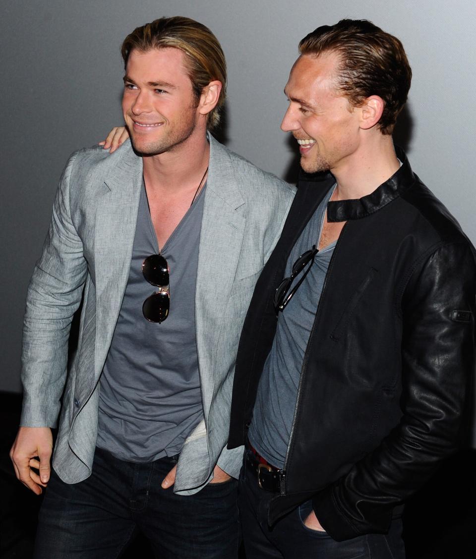 Actors Chris Hemsworth and Chris Hiddleston attend a speical screening of Marvel's "The Avengers" at AMC 15 Theaters on April 14, 2012 in Century City, California.