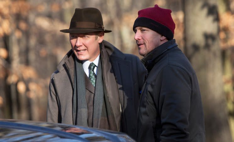 James Spader and Andrew McCarthy on the set of NBC's The Blacklist. (Credit: NBC)