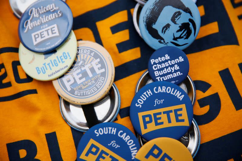 Pete Buttigieg supporter Caroline Benton stands outside the tenth Democratic 2020 presidential debate at the Gaillard Center in Charleston