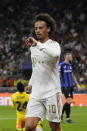 Bayern's Leroy Sane celebrates after Inter Milan's Danilo D'Ambrosio scored an own goal to give Bayern a 2-0 lead, during the Champions League, group C soccer match between Inter Milan and Bayern Munich, at the Milan San Siro stadium, Italy, Wednesday, Sept. 7, 2022. (AP Photo/Luca Bruno)