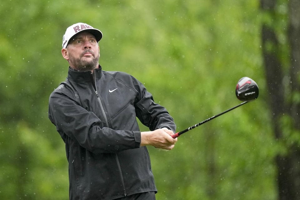 Michael Block watches his tee shot on the fourth hole during the third round of the PGA Championship golf tournament at Oak Hill Country Club on Saturday, May 20, 2023, in Pittsford, N.Y. (AP Photo/Eric Gay)