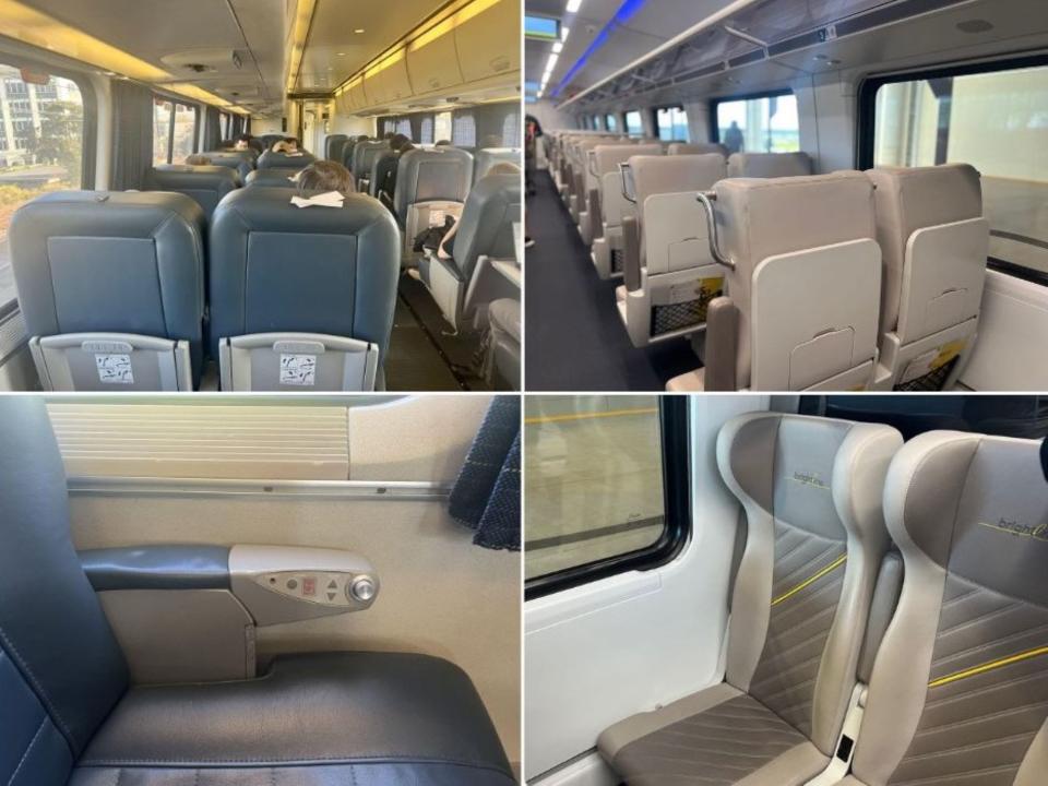 Pictures of the Acela and Brightline train seats.