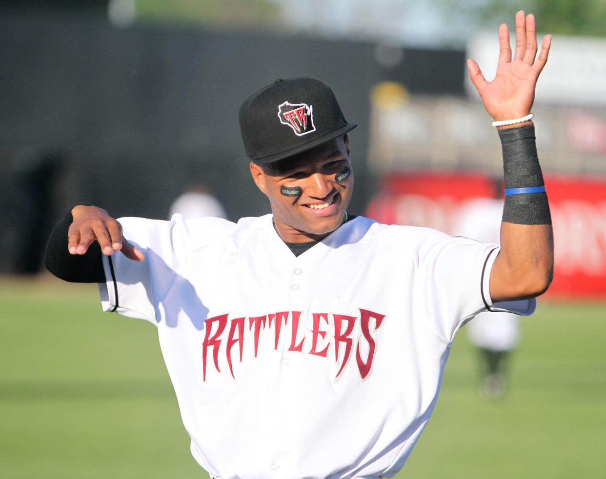 Milwaukee Brewers prospect Jackson Chourio warms up prior to a game on July 26, 2022, his debut with the Wisconsin Timber Rattlers.