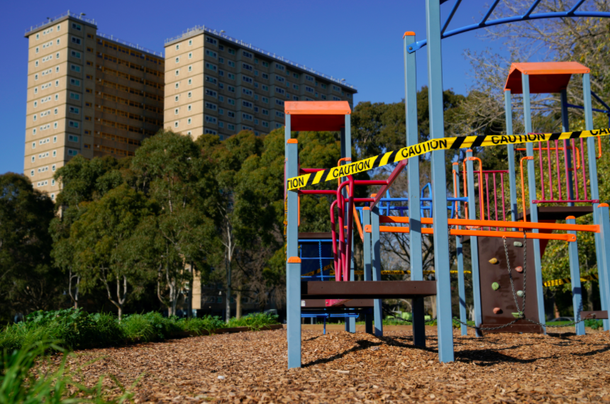 A playground outside the buildings remain out of bounds as lockdown restrictions were brought in. (Reuters)