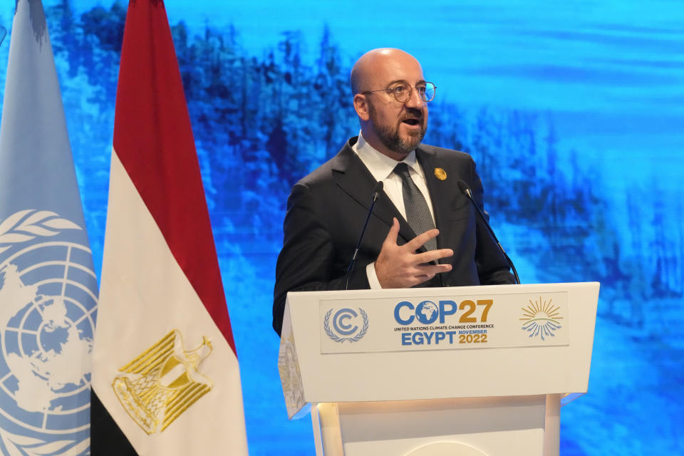 European Council President Charles Michel speaks at the COP27 U.N. Climate Summit, Tuesday, Nov. 8, 2022, in Sharm el-Sheikh, Egypt. (AP Photo/Peter Dejong)