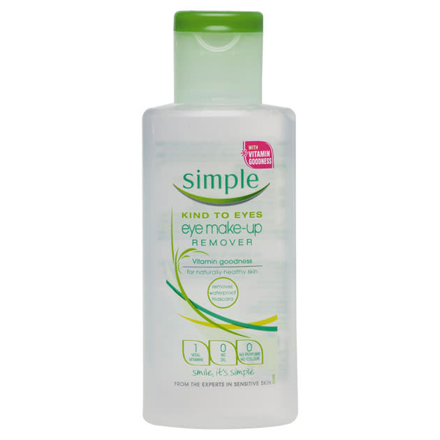 Simple Conditioning Eye Make-Up Remover - £3.00 – <a href="http://www.sainsburys.co.uk/groceries/index.jsp" rel="nofollow noopener" target="_blank" data-ylk="slk:Sainsbury’s;elm:context_link;itc:0;sec:content-canvas" class="link ">Sainsbury’s</a><br><br>This bargain make-up remover is one of the best on the market - and we've tried quite a few.