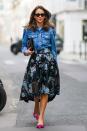 <p> Denim and florals make for one cute combination and this is a look we certainly want to recreate in the spring. The tucked-in jacket helps to highlight the waist for a flattering silhouette and the pink embellished heels give it a Carrie Bradshaw-esque finish.  </p>