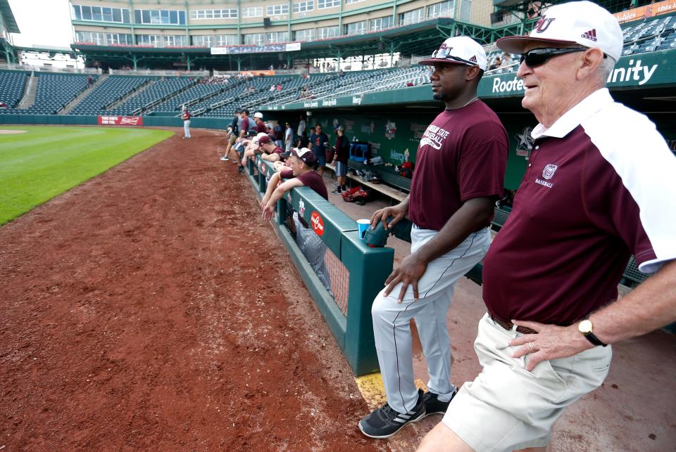 Ryan Howard talks with former MSU baseball coach Bill Rowe during the Missouri State Bears alumni baseball game at Hammons Field on Saturday, Oct. 6, 2018.