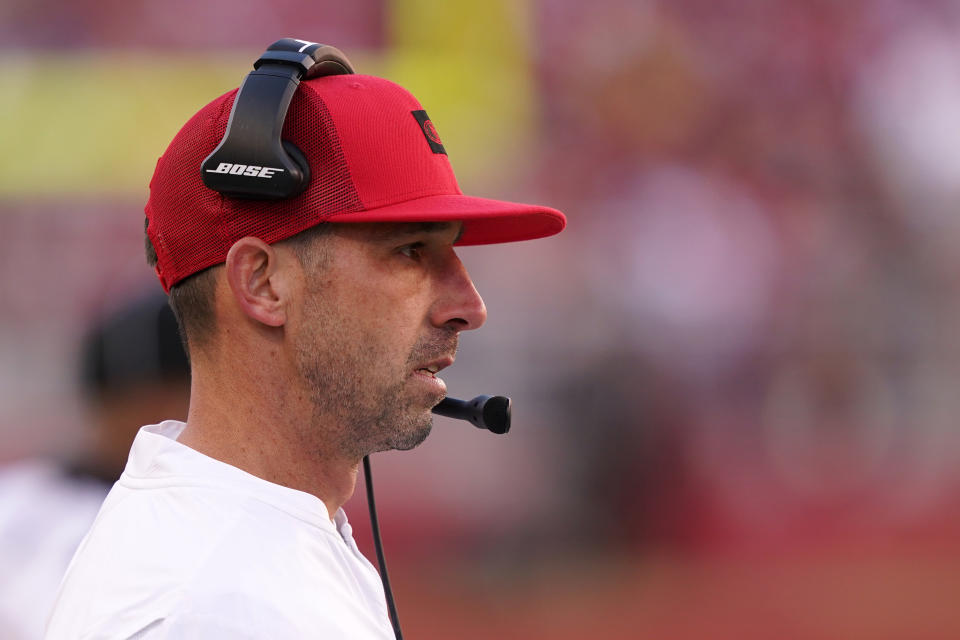 Head coach Kyle Shanahan of the San Francisco 49ers looks on from the sidelines during the second half against the Minnesota Vikings during the NFC Divisional Round Playoff game at Levi's Stadium on January 11, 2020 in Santa Clara, California. (Photo by Thearon W. Henderson/Getty Images)