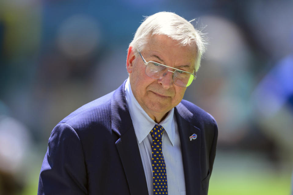 FILE - Buffalo Bills owner Terry Pegula attends an NFL football game against the Miami Dolphins, Sept. 25, 2022, in Miami Gardens, Fla. Terry and Kim Pegula are exploring the possibility of selling a non-controlling, minority interest in the franchise, the team announced Friday, April 19, 2024. A person with knowledge of the decision told The Associated Press the stake in the team the Pegulas would be preparing to sell would be about 25%. The person spoke on the condition of anonymity because that detail was not announced by the team, and first reported by The Athletic. (AP Photo/Doug Murray, File)