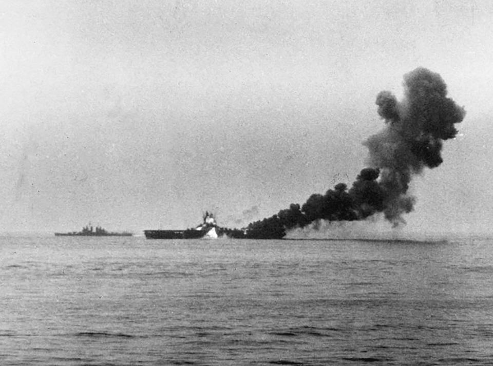 The USS Bunker Hill is shown shortly after the second kamikaze strike on May 11, 1945. Anthony Zekonis of Gardner was killed when two Japanese suicide planes struck the ship within a minute of the other.