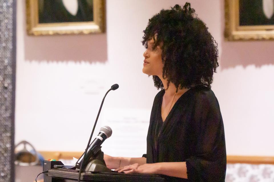 Portsmouth resident and poet Diannely Antigua addresses the Portsmouth City Council at its May 2 meeting where she was named the city's 13th Portsmouth Poet Laureate.
