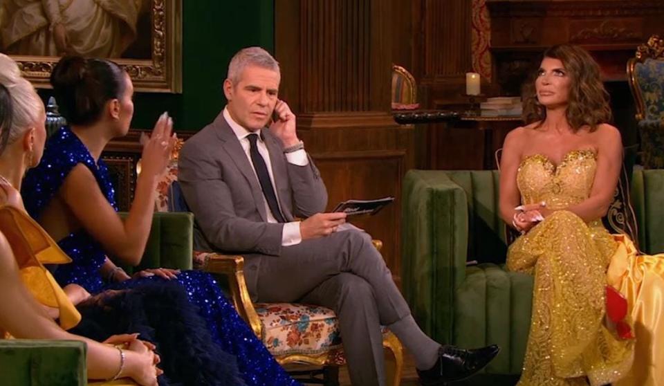 Melissa Gorga, Andy Cohen and Teresa Gorga on the June 6 reunion episode of "The Real Housewives of New Jersey" on Bravo.