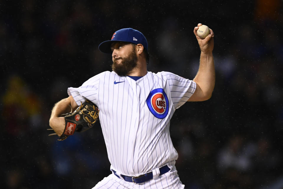 Chicago Cubs starter Wade Miley delivers a pitch during the first inning of a baseball game against the San Francisco Giants, Sunday, Sept. 11, 2022, in Chicago. (AP Photo/Paul Beaty)