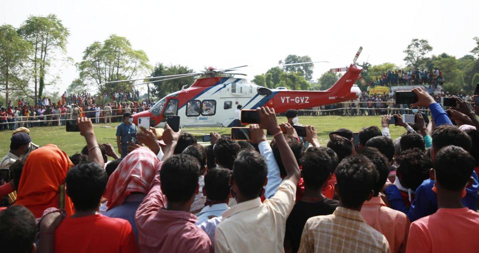 Bihar Chief Minister Nitish Kumar leaves by a helicopter after addressing an election campaign rally ahead of Bihar Assembly election on October 22, 2020 in Muzaffarpur, India. (Photo by Santosh Kumar/Hindustan Times via Getty Images)