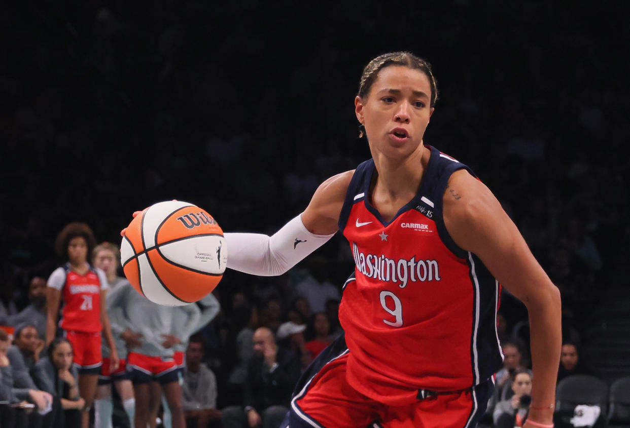 NEW YORK, NEW YORK - SEPTEMBER 19: Natasha Cloud #9 of the Washington Mystics plays against the New York Liberty during Game Two of Round One of the 2023 Playoffs at the Barclays Center on September 19, 2023 in the Brooklyn borough of New York City. NOTE TO USER: User expressly acknowledges and agrees that, by downloading and or using this photograph, User is consenting to the terms and conditions of the Getty Images License Agreement.  (Photo by Bruce Bennett/Getty Images)