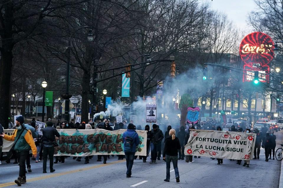 Demonstrators protest the death of environmental activist Manuel Terán on Jan. 21, 2023 in Atlanta. <a href="https://www.gettyimages.com/detail/news-photo/demonstrators-protest-the-death-of-environmental-activist-news-photo/1246436202?adppopup=true" rel="nofollow noopener" target="_blank" data-ylk="slk:Elijah Nouvelage for The Washington Post via Getty Images;elm:context_link;itc:0;sec:content-canvas" class="link ">Elijah Nouvelage for The Washington Post via Getty Images</a>