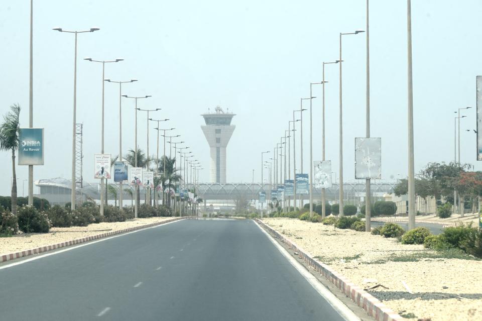 A general view of the control tower at Blaise Diagne International Airport in Diass on May 9, 2024. A Boeing plane came off the runway during takeoff in Senegal early on May 9, 2024.