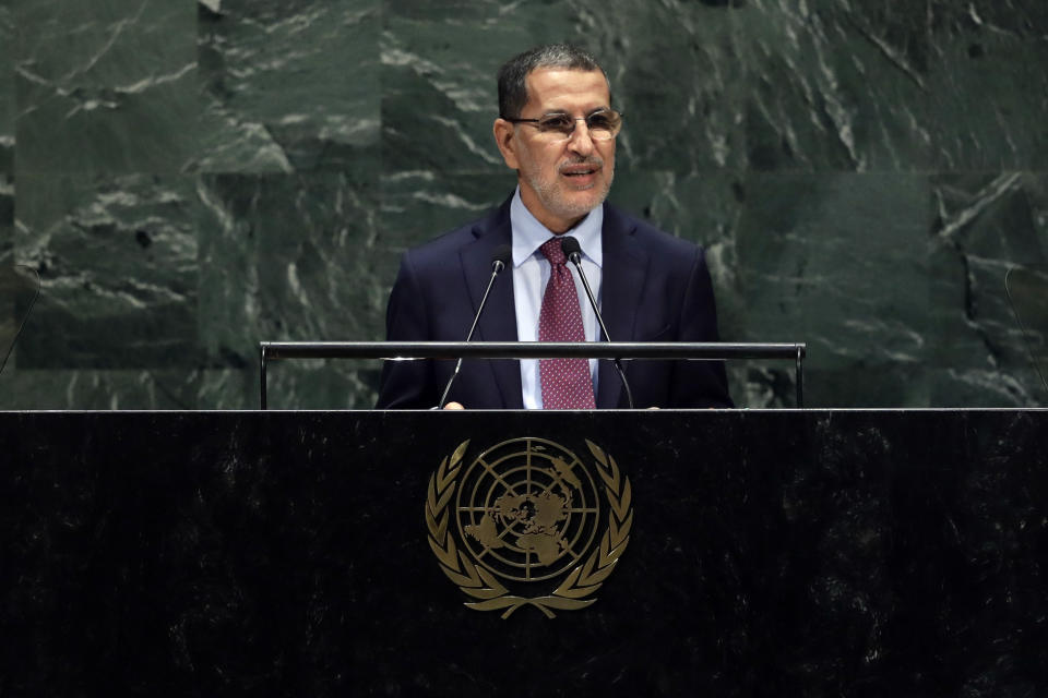 Morocco's Prime Minister Saad Eddine el-Othmani addresses the 74th session of the United Nations General Assembly, Tuesday, Sept. 24, 2019, at the U.N. headquarters. (AP Photo/Frank Franklin II)