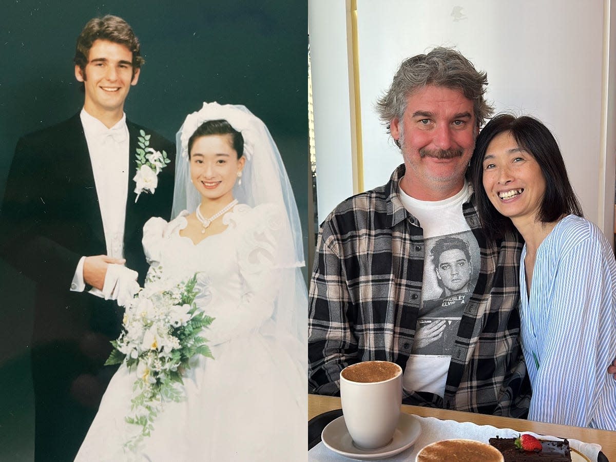 On left: Peter and Mika Fenn on their wedding day; on right, Peter and Mika Fenn today, sitting at a cafe.