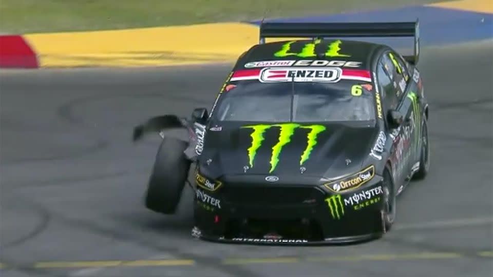 Waters was filthy after banging up the brand new car. Pic: Fox Sports