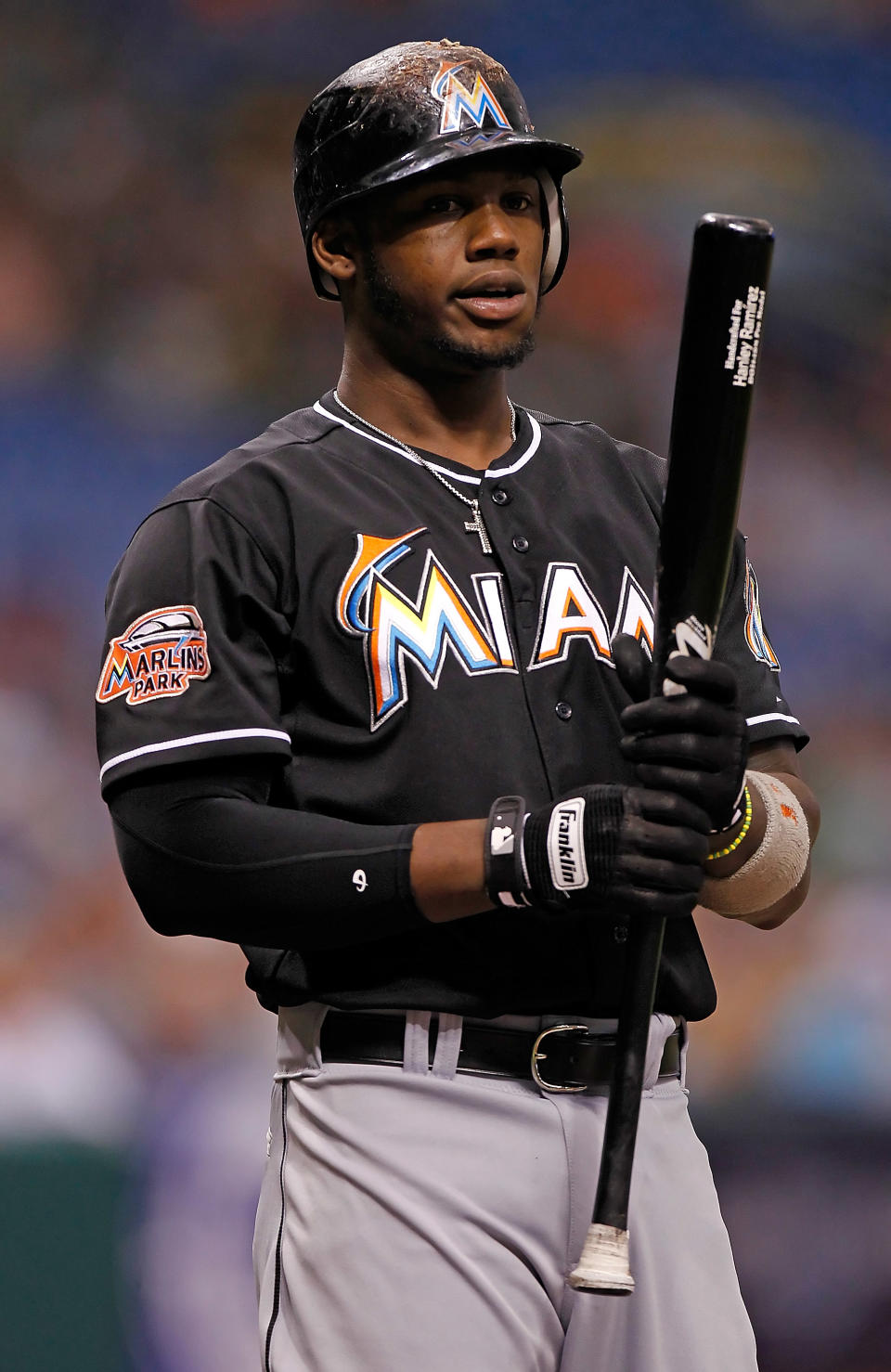 ST. PETERSBURG - JUNE 16: Infielder Hanley Ramirez #2 of the Miami Marlins bats against the Tampa Bay Rays during the game at Tropicana Field on June 16, 2012 in St. Petersburg, Florida. (Photo by J. Meric/Getty Images)