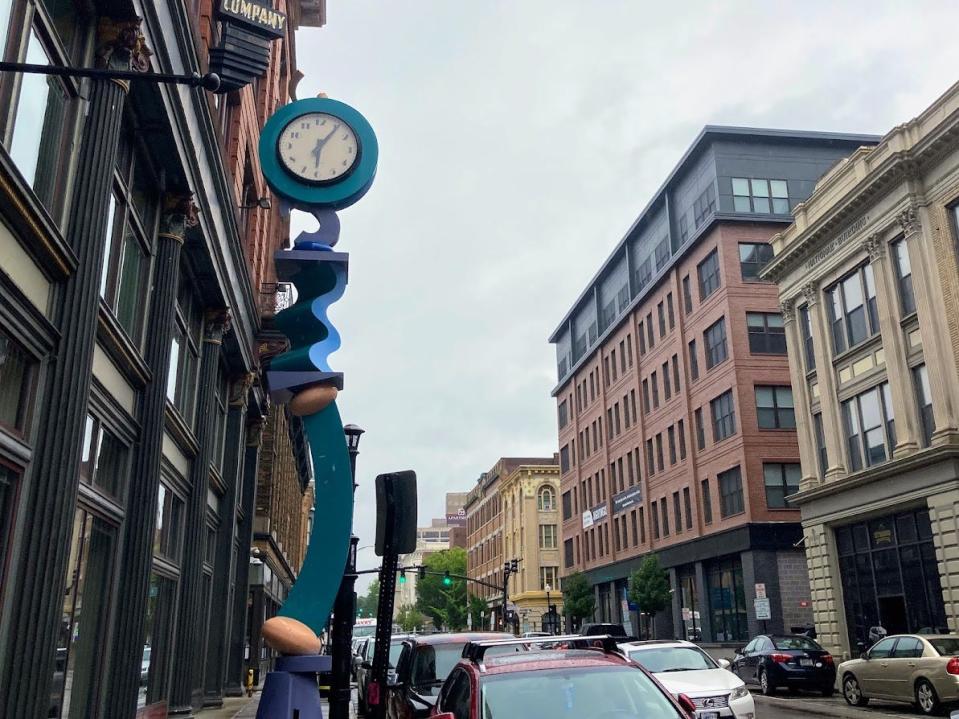 The Time Wave, a clock on Washington Street in Providence, was designed by California artist Robert Ellison.