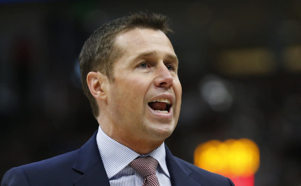 Sacramento Kings head coach David Joerger shouts to his team during the second half of an NBA basketball game against the Utah Jazz Friday, April 5, 2019, in Salt Lake City. (AP Photo/Rick Bowmer)