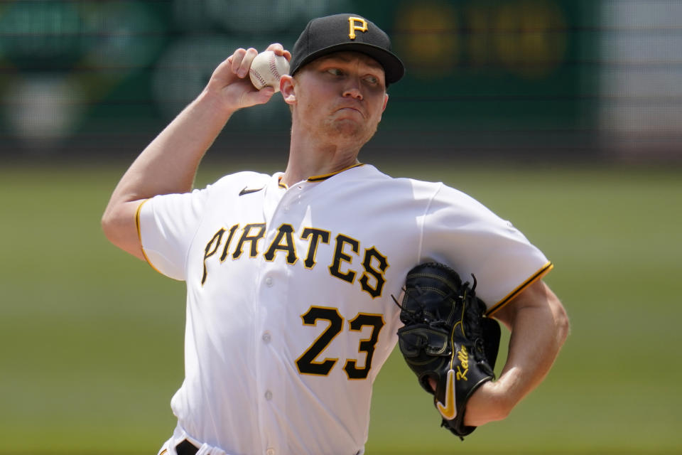 Pittsburgh Pirates starting pitcher Mitch Keller delivers during the first inning of a baseball game against the Los Angeles Dodgers in Pittsburgh, Thursday, June 10, 2021. (AP Photo/Gene J. Puskar)