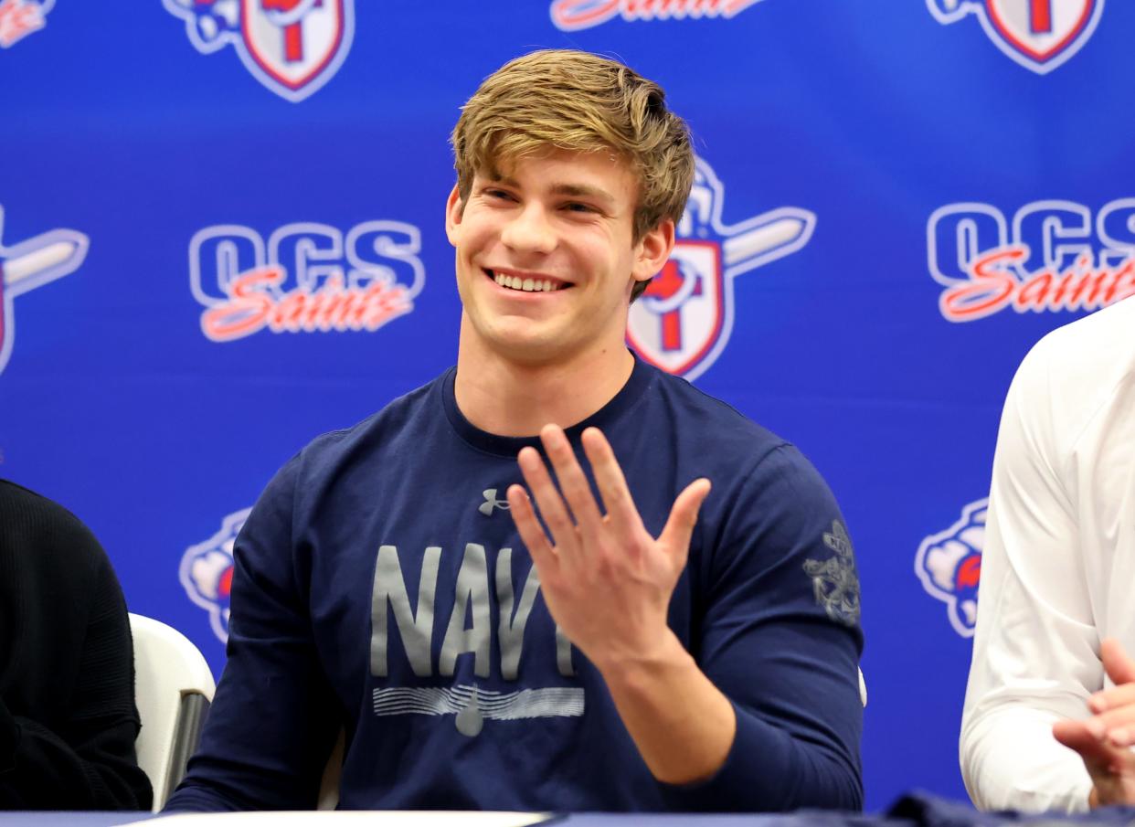 OCS' Henry Rothwell speaks before signing with Navy during a signing day ceremony at Oklahoma Christian School in Edmond, Okla., Wednesday, Feb. 7, 2024.