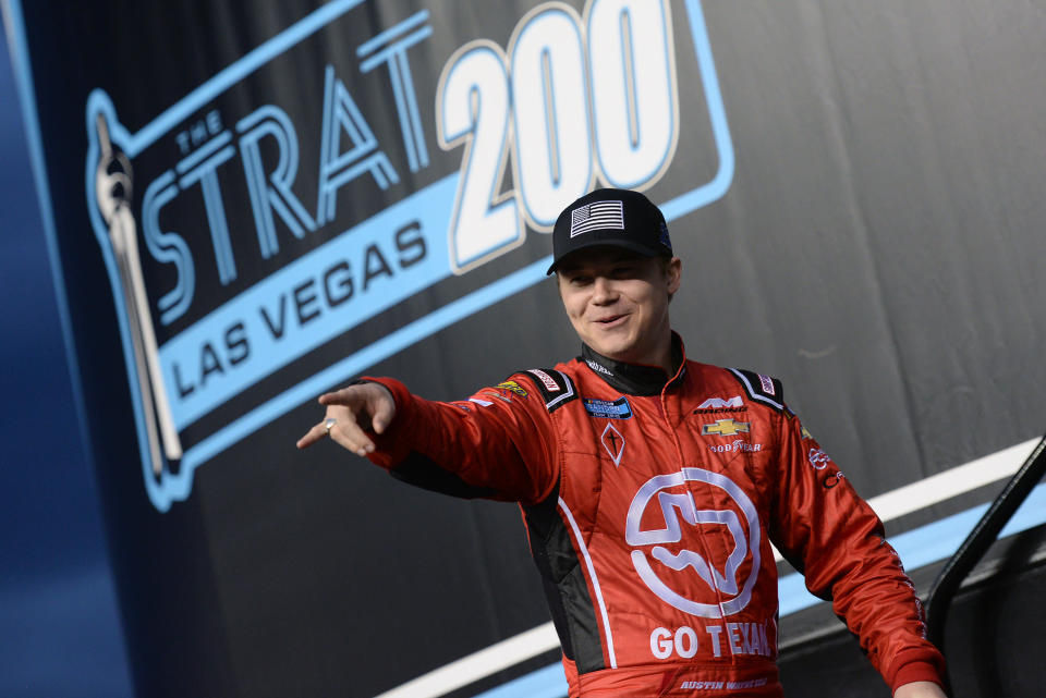 LAS VEGAS, NV - MARCH 01: Austin Wayne Self (22) Tim Self Chevrolet Silverado is introduced to the crowd before the start of the NASCAR Gander Outdoors Truck Series The Strat 200 on March 1, 2019, at Las Vegas Motor Speedway in Las Vegas, Nevada. (Photo by Michael Allio/Icon Sportswire via Getty Images)