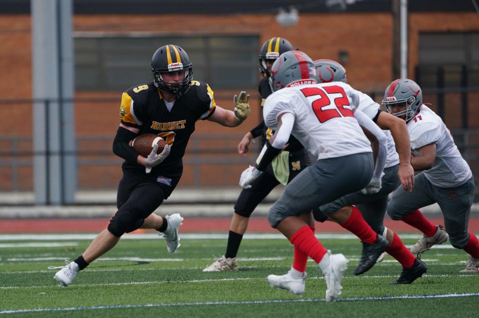 Nanuet's Colin Stemmerman (9) with the carry during their 29-0 win over Sleepy Hollow in football action at Nanuet High School on Saturday, September 9, 2023.