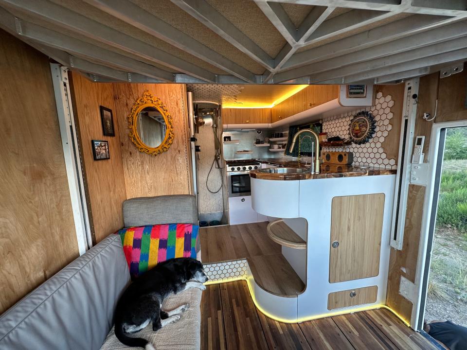The inside of Marina Aguilera and Mark Dexter's home on wheels, a converted box truck, is pictured.